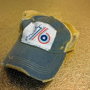 1776 on distressed denim, blue hat, handmade